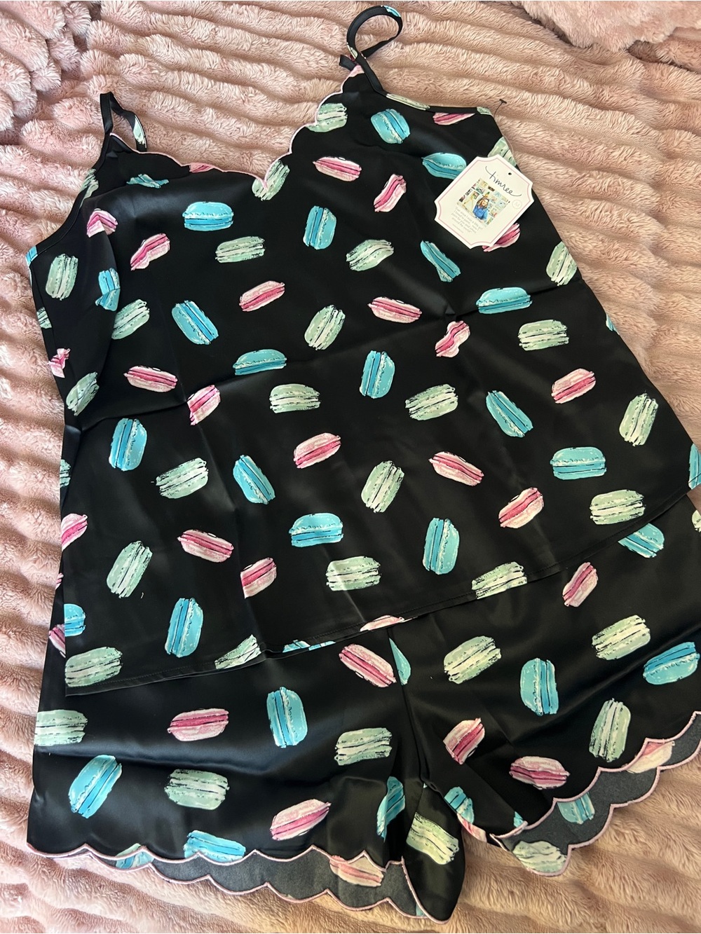Black Macaron-Print Satin Cami & Short Sleep Set
